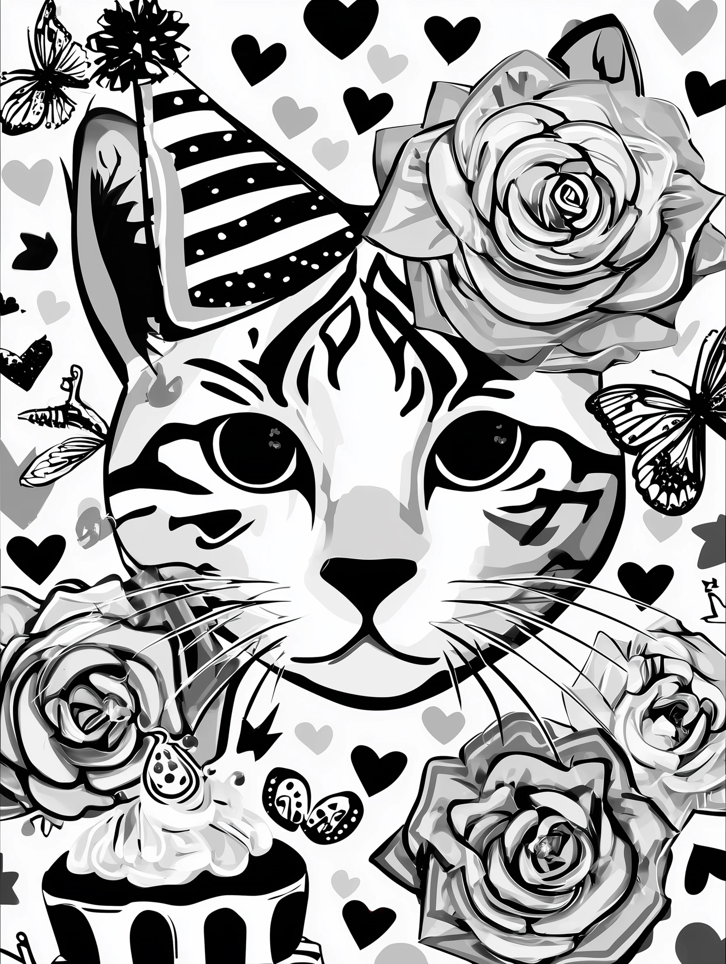 Free printable cats coloring page featuring a cat at a birthday party